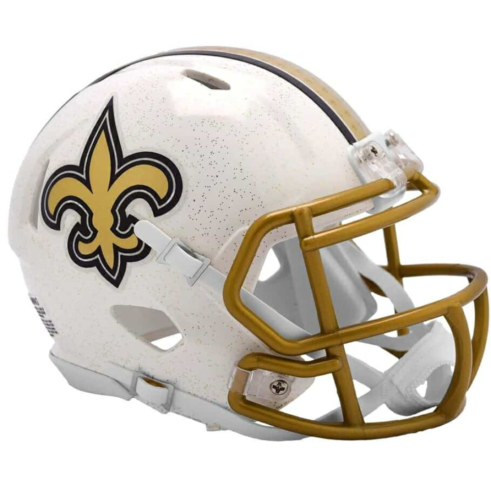New Orleans Saints On-Field Alternate Riddell Full Size Authentic SpeedFlex Helmet White Shell with Gold Flakes and Gold Facemask New 2025